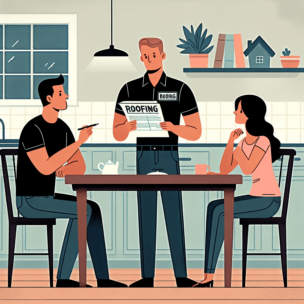 image shows illustration of a roofing sales person explaining an estimate